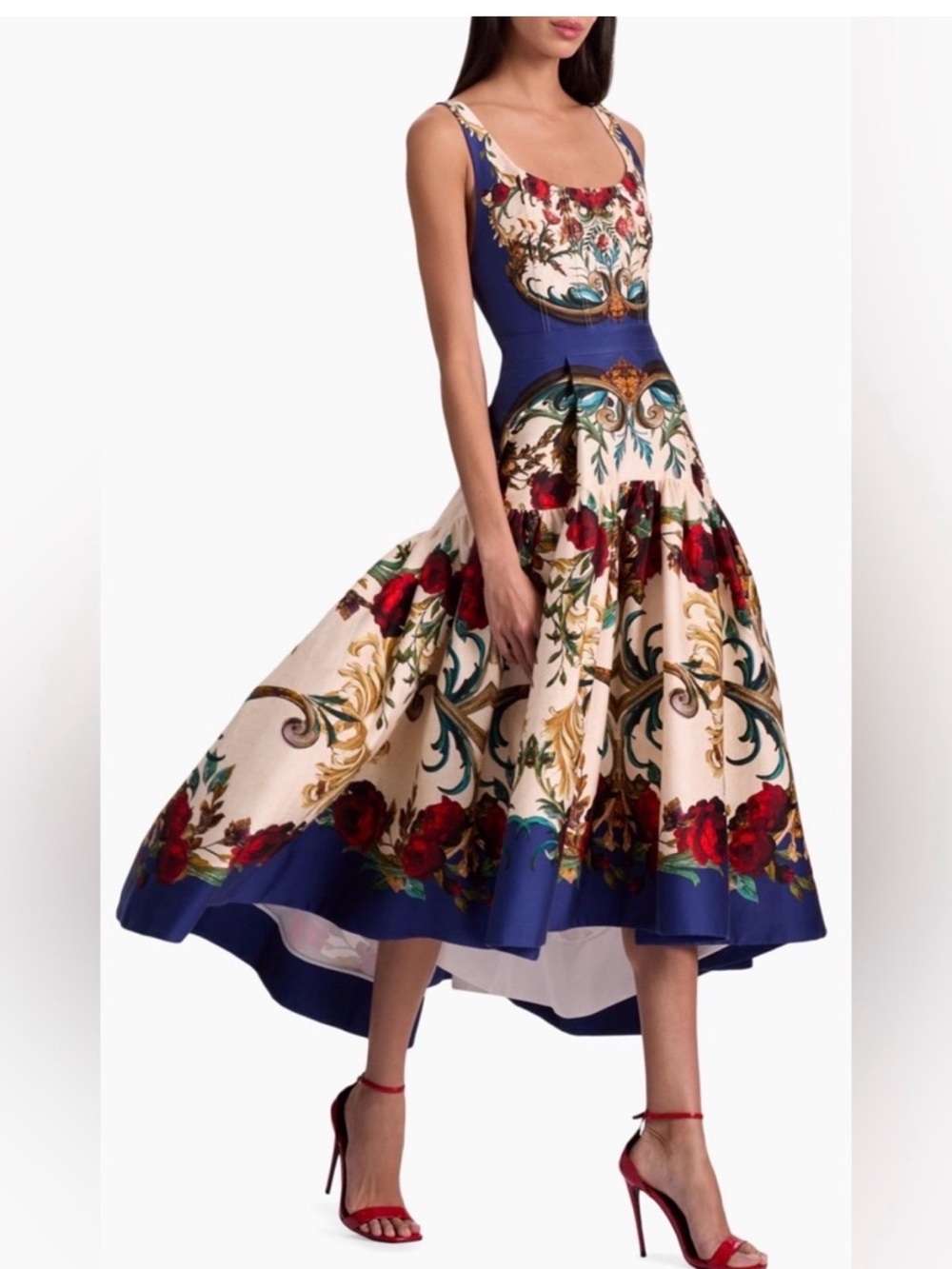 Floral Vintage inspired Alice + Olivia Fit-and-Flare Midi Dress in Gilded Rose